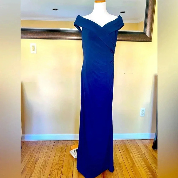 La Femme Navy Ruched Jersey Column Gown Size 12 - Picture 3 of 13
